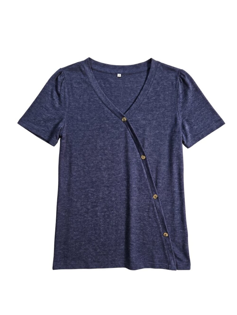 NWOT | Heather Navy Asymmetrical Button Accent Puff Sleeve V-Neck Top | Small